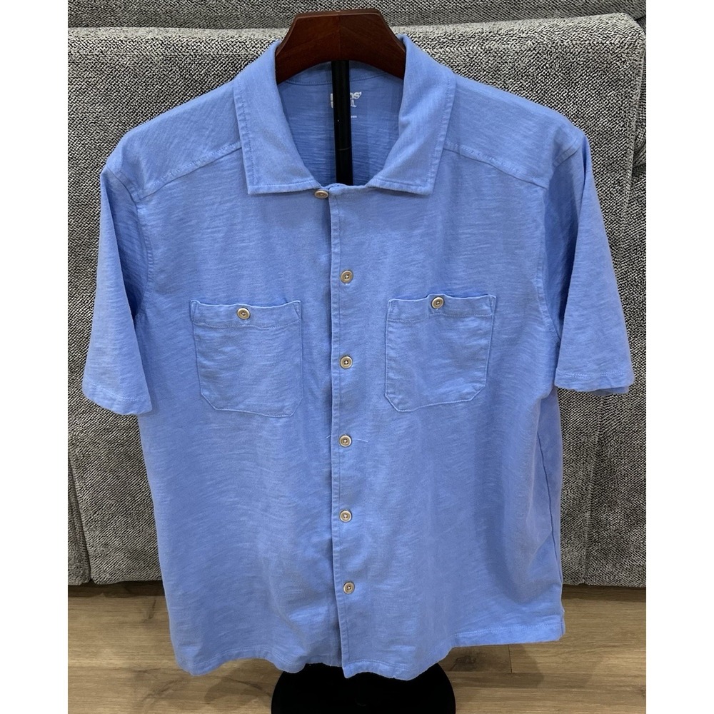 LANDS' END Men's Shirt 100% Cotton Button Up Short Sleeve Blue Pockets Large